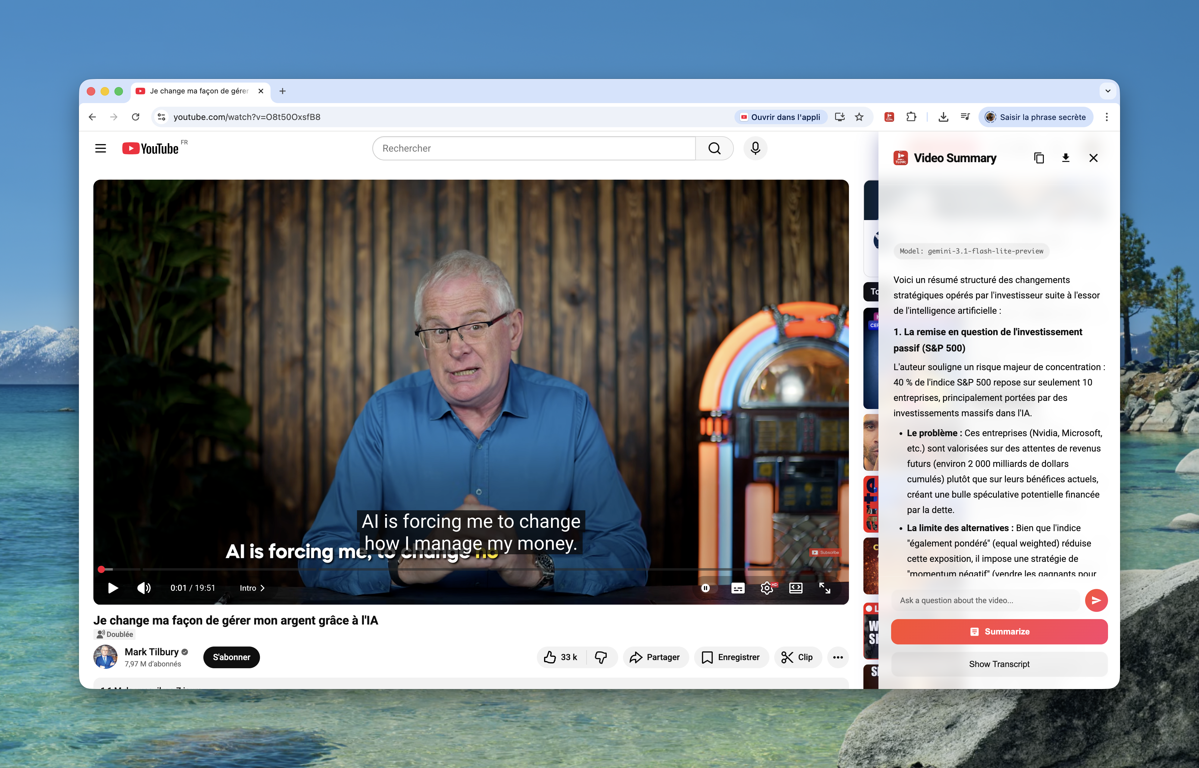 YouTube TLDW sidebar on desktop showing AI-generated video summary