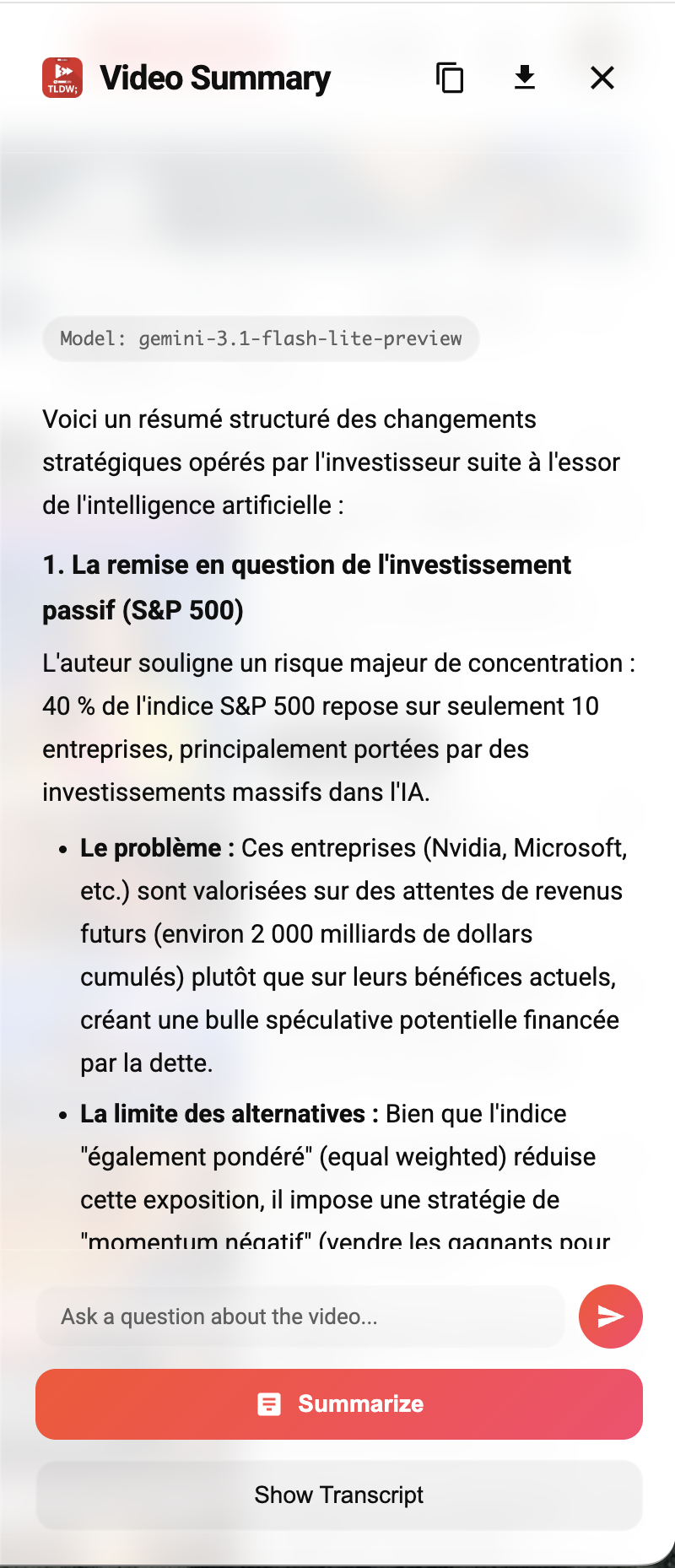 YouTube TLDW bottom sheet on iPhone with video summary